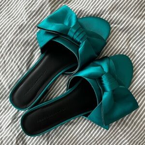 Rebecca Minkoff satin sandals in a beautiful emerald color.